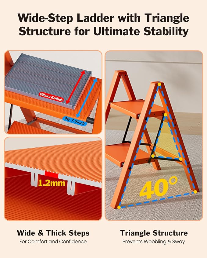 2 Step Ladder, Aluminum Lightweight Folding 2 Step Stool with Anti-Slip Wide Pedal,330lbs Capacity Steel Ladder for Household and Office(Hermes Orange)