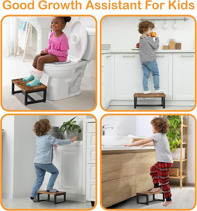 Wooden Step Stools with Anti Slip Pat for Adult, Heavy Duty Bedside Foot Stools with 400-LBS Capacity for High Beds, 7" Tall Bed Steps for Bedroom Kitchen Bathroom, Rustic Brown