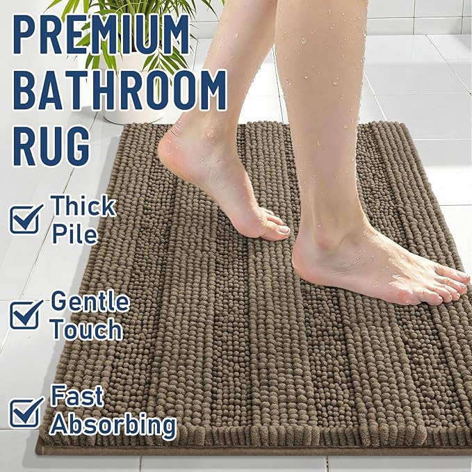 Grandaily Chenille Striped Bathroom Rugs 30x20, Extra Thick and Absorbent Bath Mats, Non-Slip Soft Plush Shaggy Shower Carpet, Machine Wash Dry, Bath Rug for Bathroom, (Medium, Camel)