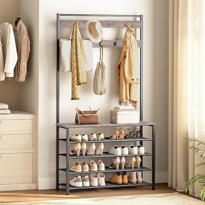 HOOBRO Hall Tree, Coat Rack with Shoe Rack, 39.4" Hall Tree with Bench, 5 Tier Shoe Storage Organizer with 9 Hooks for Entryway, Closet, Sturdy, Industrial, Greige and Black BG801MT01
