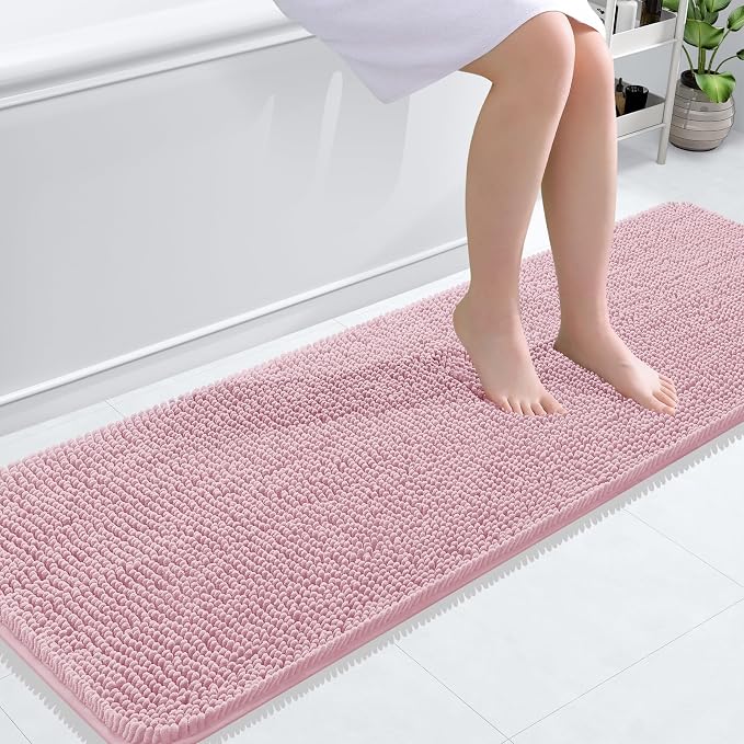 OLANLY Bathroom Runner Rugs 59x20, Soft Absorbent Chenille Bath Rugs, Rubber Backing Quick Dry, Machine Washable Long Bath Mats for Bathroom Floor, Tub and Shower, Home Decor Accessories, Dusty Rose