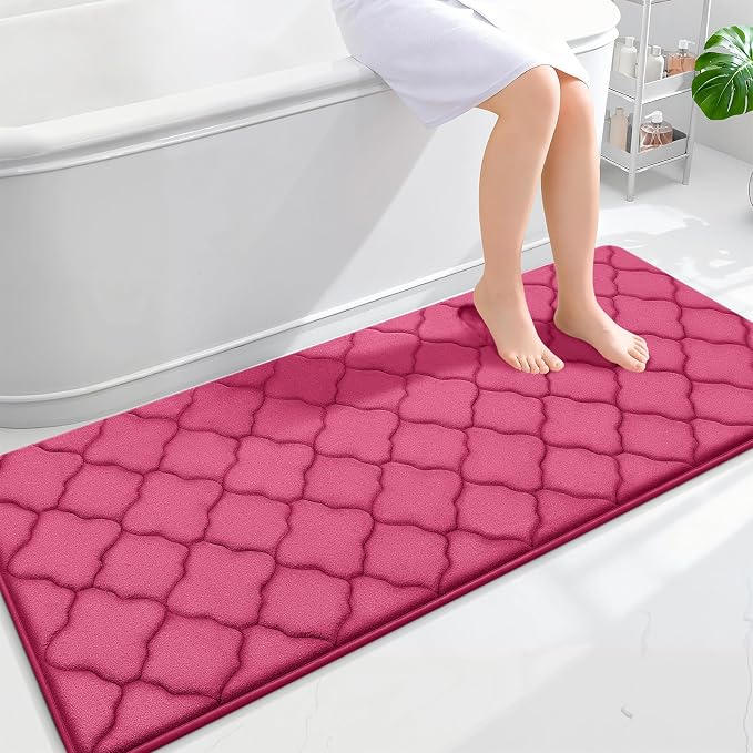 OLANLY Memory Foam Bath Mat Rug 59x24, Ultra Soft and Absorbent Bathroom Rugs, Non-Slip, Comfortable, Machine Washable Bath Carpet for Bathroom Floor, Tub, Shower and Home Decor Accessories, Deep Pink