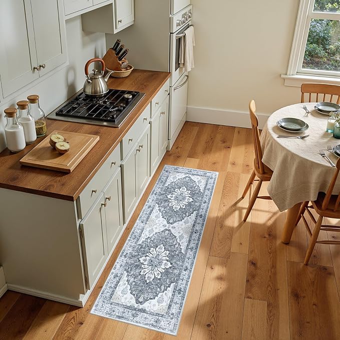 RELEANY Area Rugs Runner 2'x5' Washable Non-Slip, Floral Vintage Distress Medallion Carpet for Kitchen Hallway Bedroom Beside Laundry Room Bathroom, Light Gray Grey White