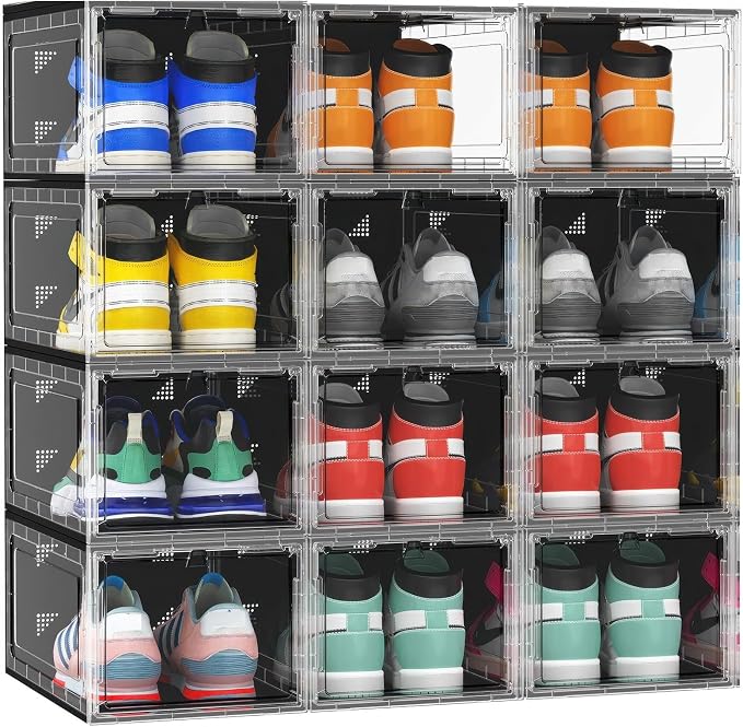 XX-Large Clear Shoe Storage Boxes with Magnetic Door, Thickened Stackable Shoe Organizer 10 Pack, Sneaker Display Case for Closet Organization Storage, Dust-Proof Space Saving System, Black Clear