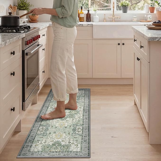 GENIMO Kitchen Rugs Non Slip Washable, 2PCS Kitchen Mats for Floor, Cushioned Standing Mat, Kitchen Runner Rug Floor Mat for Kitchen Decor, Laundry, Sink, Entryway, Home, 20"x32"+20"x48", Light Green