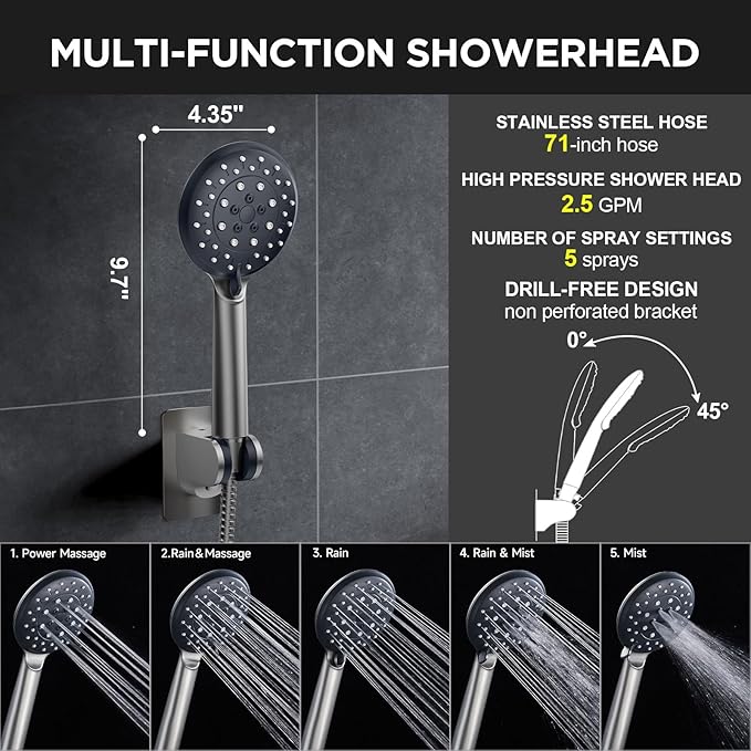 Veken 11.8" Rain Shower Head with Handheld, High Pressure Handheld Shower with Multi Spray Modes, Rainfall Combo with 15" Metal Extension Arm, Detachable Dual Shower, Bathroom Decor, Gunmetal Gray