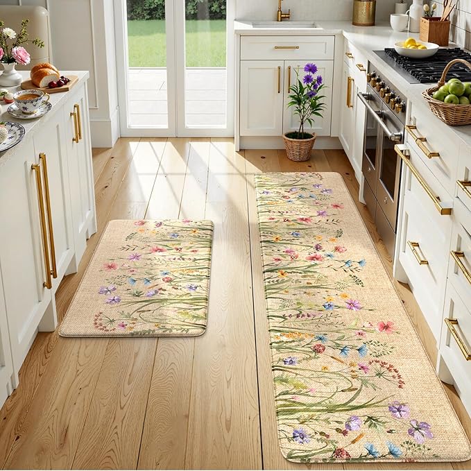 KIMODE Kitchen Anti Fatigue Mats, Farmhouse Flower Kitchen Rugs Sets of 2, Memory Foam Kitchen Mats for Floor, Waterproof Non Skid Standing Mats for Sink Laundry Office Desk Brown 20"x71"+20"x32"