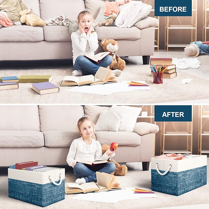 Fab totes Storage Bins 8-Pack, Foldable Storage Baskets for Organizing Toys, Books, Shelves, Closet, Large Storage Box with Rope Handles, Sturdy Organizer Bins, White & Blue