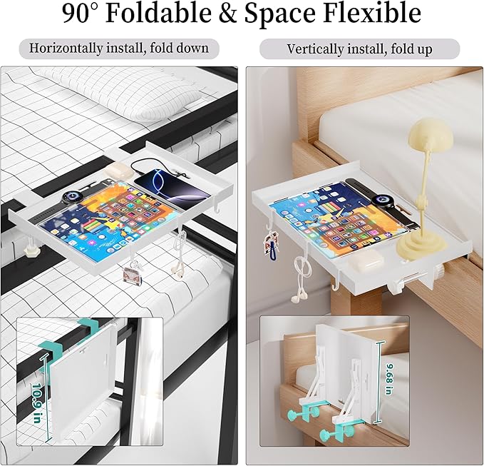 Foldable Bedside Shelf, Metal Clip-On Bed Tray Table for Bunk Bed & Dorm Beds, Dorm Room Essentials Organizer for College Students, Floating Tray, Space Saving Nightstand for Loft Beds (White, Large)