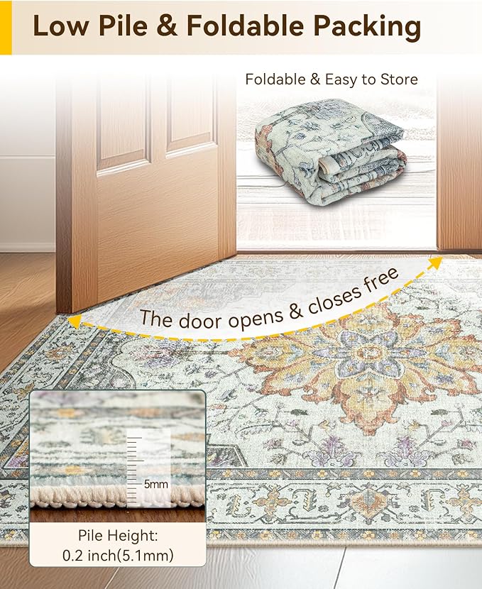 RELEANY Area Rugs Runner 2'6"x14' Washable Non-Slip, Floral Vintage Distress Medallion Carpet for Kitchen Hallway Bedroom Beside Laundry Room Bathroom, Beige Carbon Grey Orange