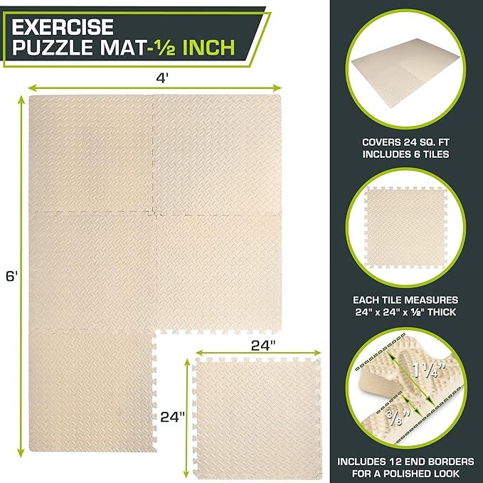 ProsourceFit Exercise Puzzle Mat 1/2-inch, EVA Interlocking Foam Floor Tiles for Home Gym, Workout Equipment, Kids Play Areas, Beige, 24 Sq Ft - 6 Tiles
