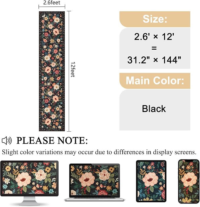 DUKINO 2.6x12 Kitchen Runner Rug, Lightweight Floral Washable Rug for Hallway, Boho Low Pile & Non Slip Backing Soft Floor Carpet for Entryway, Bedroom, Bathroom, Laundry, Black