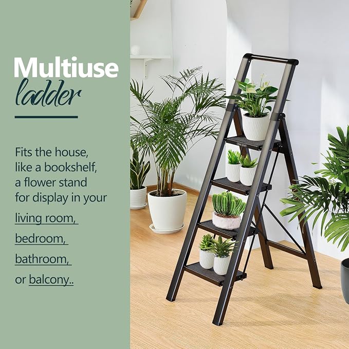 WOA WOA 4 Step Ladder for 10 Feet High Ceiling, Lightweight Foldable Ladder with Non-Slip Wide Pedals, Step Stool with Safe Handrail, Space Saving for Home, Kitchen, Indoor & Outdoor 300lbs - Black