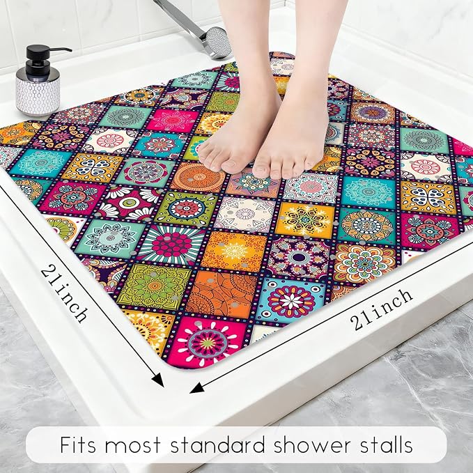 Bathtub Mat Non Slip, Bohemia Square Bath tub Mat Shower Floor Mat with Suction Cups for Adults Kids Elderly 21 X 21 Inch