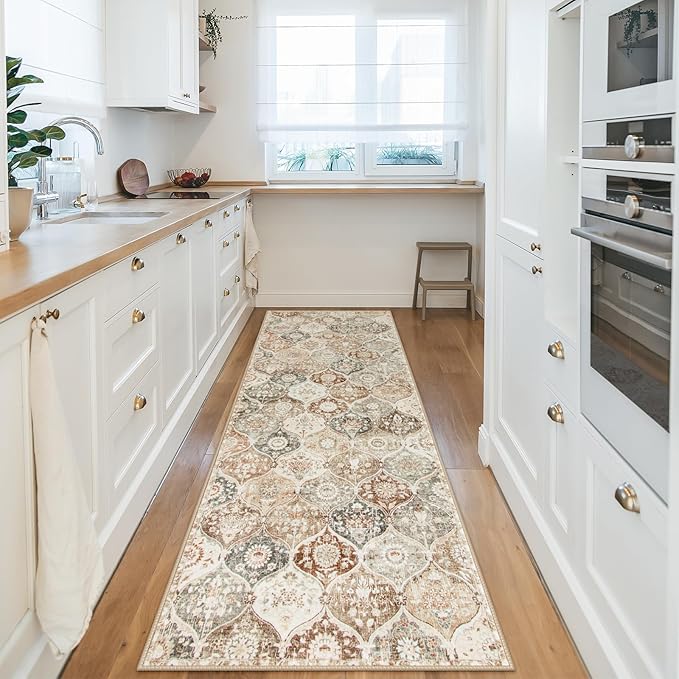 Lahome Moroccan Trellis Hallway Runner Rug, 2x6 Kitchen Runner Rugs Non Skid Washable, Vintage Laundry Room Rug Ultra-Thin Long Carpet for Bathroom Bedroom Entryway Elise, Khaki