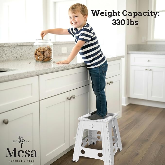 Inspired Living 18" Step Stool, Folding Step Stools for Adults, Plastic Foldable Step Stools Kids, Holds Up to 330 lbs, Collapsible Folding Stool for Kitchen, Bathroom, Bedroom (White Black, 18" High)