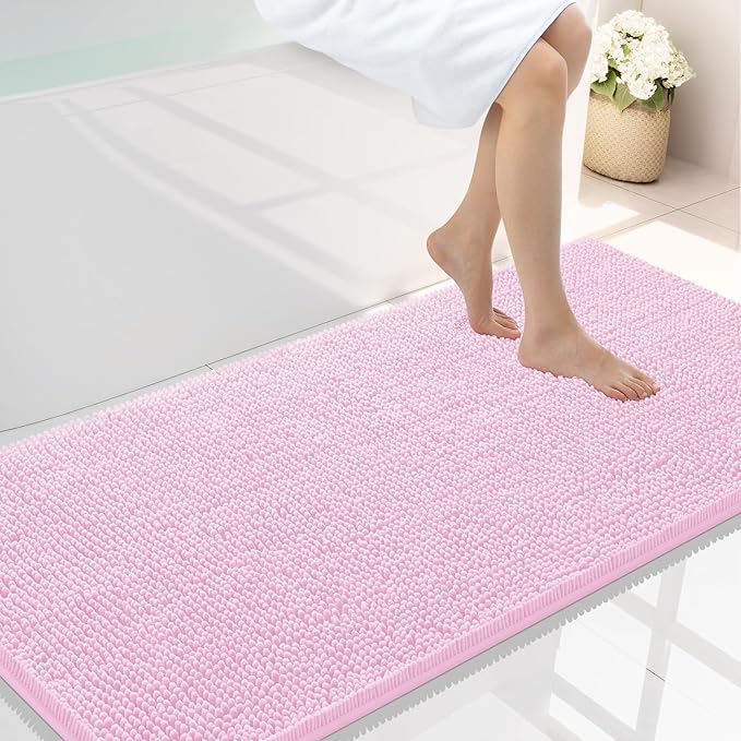 Smiry Luxury Chenille Bathroom Rugs 47x24, Extra Soft and Absorbent Shaggy Bath Mat, Machine Washable, Non-Slip Plush Carpet Runner for Tub, Shower, and Floor, Home Decor Accessories, Pink