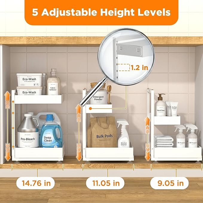 TATAANTY Under Sink Organizer, L-Shaped Metal 2-Tier Double Pull-Out Drawer for Kitchen & Bathroom Cabinets, Adjustable Height Storage - 50lbs Heavy Duty Waterproof 2PCS Height Adjustable