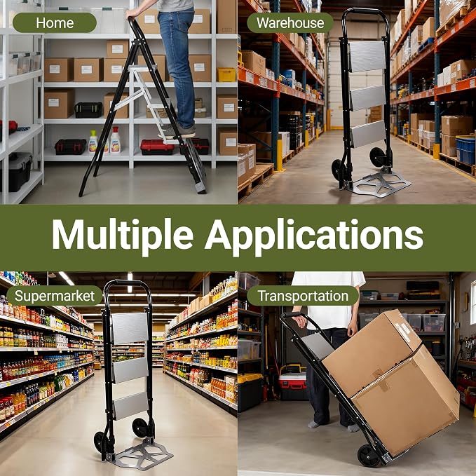 2-in-1 Hand Truck Step Ladder, Dolly Cart Step Stool, Multi-Functional Foldable Hand Trolley and Ladder for Warehouse Garage Office or Home Use (Black-Silver, 3 Step)