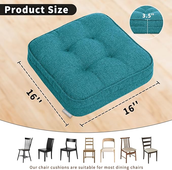 GOFORIT Memory Foam Cushion，Square Seat Cushions for Dining Chairs,Non-Slip Chair Pads with Removable Cover, 16'' x 16'', 2 Pack,Blue