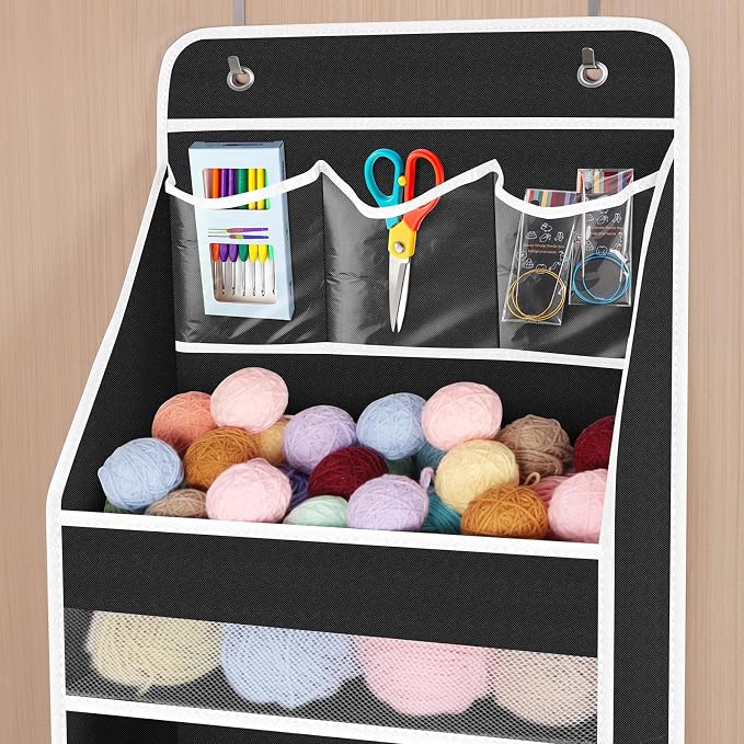 Univivi 5-Shelf Fabric Door Storage Over Door Hanging Organizer with 4 Large Pockets and 3 Small PVC Pockets Nursery Closet Cabinet Wall Mount Hanging Storage Organizers for Baby Nursery (Black)