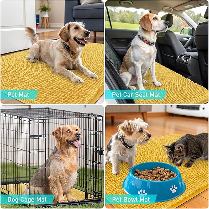 OLANLY Dog Door Mat for Muddy Paws 70x35, Absorbs Moisture and Dirt, Absorbent Non-Slip Washable Doormat, Quick Dry Chenille Mud Mat for Dogs, Entry Indoor Entryway Carpet for Inside Floor, Yellow