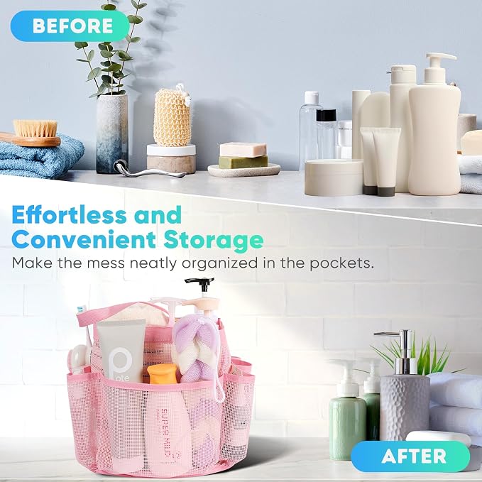EUDELE Mesh Shower Caddy Portable for College Dorm Room Essentials,Portable Shower Caddy Dorm with 8-Pocket Large Capacity, Shower Bag for Beach, Swimming, Gym, Travel essentials, Pink