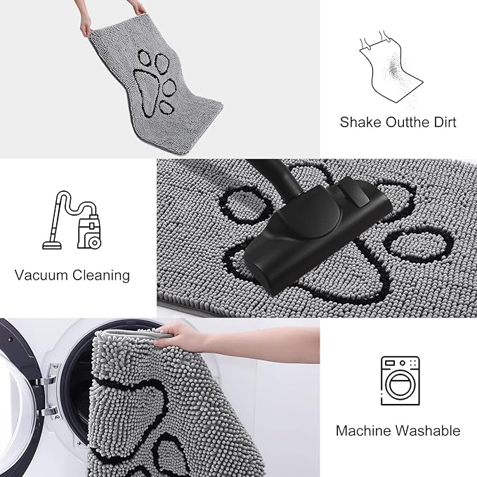 Smiry Dog Door Mat for Muddy Paws, Absorbent Dirt Trapper Non Slip Quick Dry Washable Chenille Mat for Mud Dogs, Entry Rug for Indoor and Outdoor (54x32 Inches, Grey and Black)