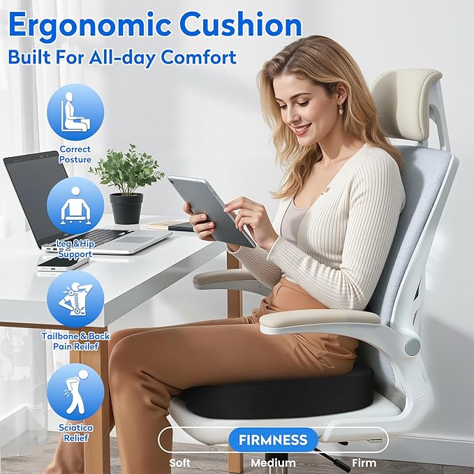 CushZone Seat Cushion - Memory Foam Office Chair Cushion for Sciatica, Tailbone & Back Pain Relief - Orthopedic Coccyx Pillow for Car, Airplane, Pregnancy & Long Sitting at Work, Black