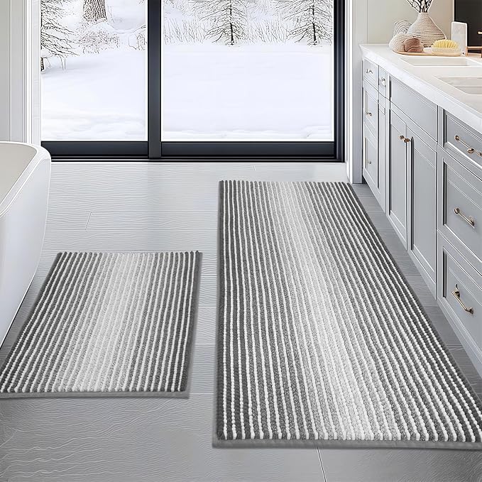 BSICPRO Bathroom Rugs and Mats Sets, 2 Piece Thick Absorbent Chenille Non Slip, Soft Shaggy Floor Mats, Machine Washable (20" x 47" Plus 16" x 24", Gray)