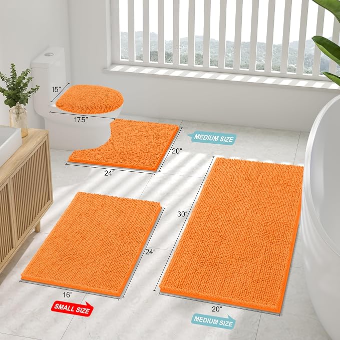 Smiry Luxury Chenille Bathroom Rugs 24x16, Extra Soft and Absorbent Shaggy Bath Mat, Machine Washable, Non-Slip Plush Carpet Runner for Tub, Shower, and Floor, Home Decor Accessories, Orange
