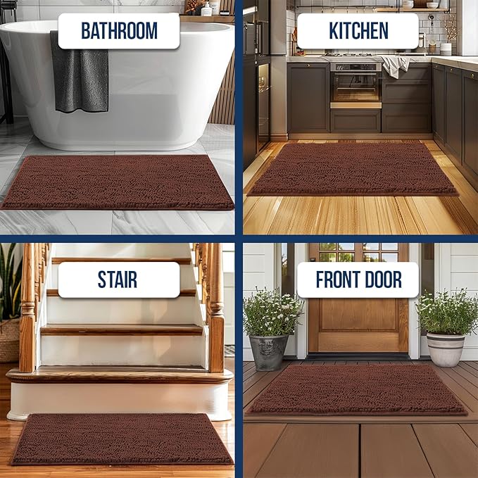 Muddy Mat® | Chenille Bathroom Rugs Quick Dry Microfiber Mats Non Slip Washable, Extra Thick, Soft and Highly Absorbent Bath Mats for Bathroom, Kitchen, and Shower Floor - Brown 35"x59"