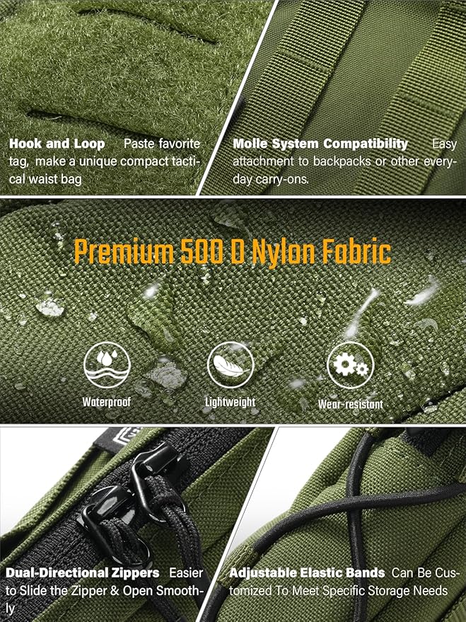 TACTICAL GEEK Block E4.0 EDC Compact Waist Pouch, Utility Pocket Organizer with Elastic Cord, Nylon Dual-Directional Zippers Tool Pouch, Multi-Purpose Small Gadget Organization for Daily Carry（Green）
