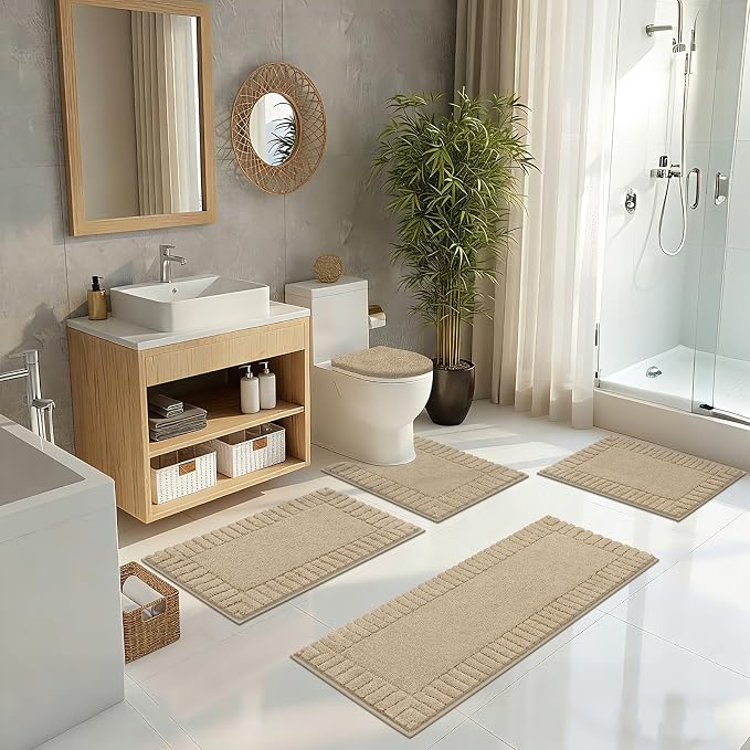 Pauwer Bathroom Rugs Set 5 Piece Non Slip Washable Bath Mat Set with U Shaped Contour Toilet Rugs Plush Absorbent Microfiber Shower Mat and Toilet Lid Cover for Bathroom, Beige