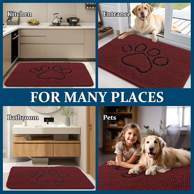 OLANLY Dog Door Mat for Muddy Paws 30x20, Paw Print Design, Absorbs Moisture and Dirt, Absorbent Non-Slip Washable Doormat, Quick Dry Chenille Mud Mat, Entry Indoor Entryway Carpet, Caramel Russet