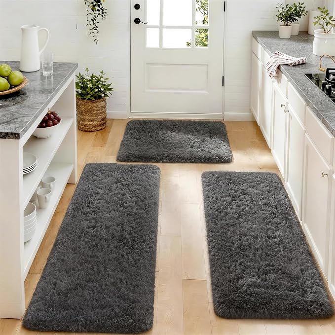 Ophanie Small Rug Washable Non Slip Throw Bedside Area Rugs, Fluffy Soft Mini Bedroom Carpet, 1.5x2.5，1.5x4 and 1.5x5 Rug Set, 3 Piece Grey
