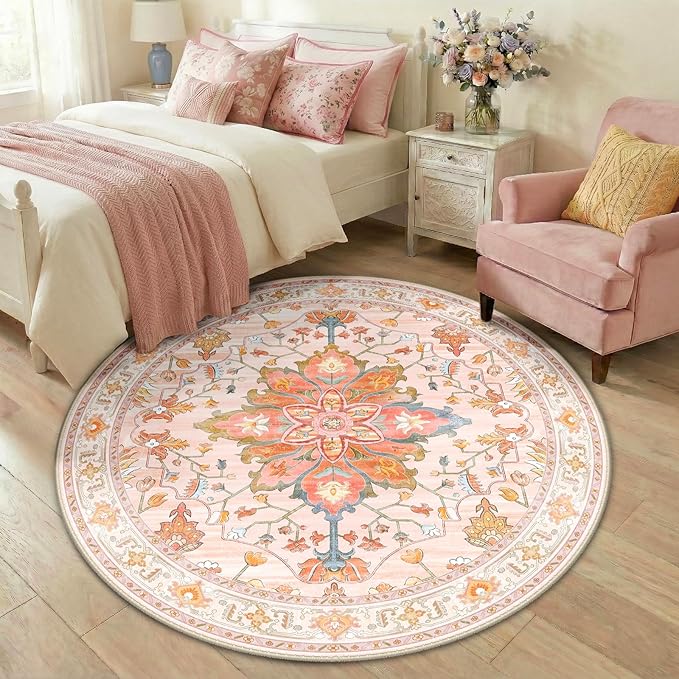 RELEANY Area Rugs Round 5ft Washable Non-Slip, Floral Vintage Distress Medallion Carpet for Living Room Bedroom Dining Room, Light Pink Colorful