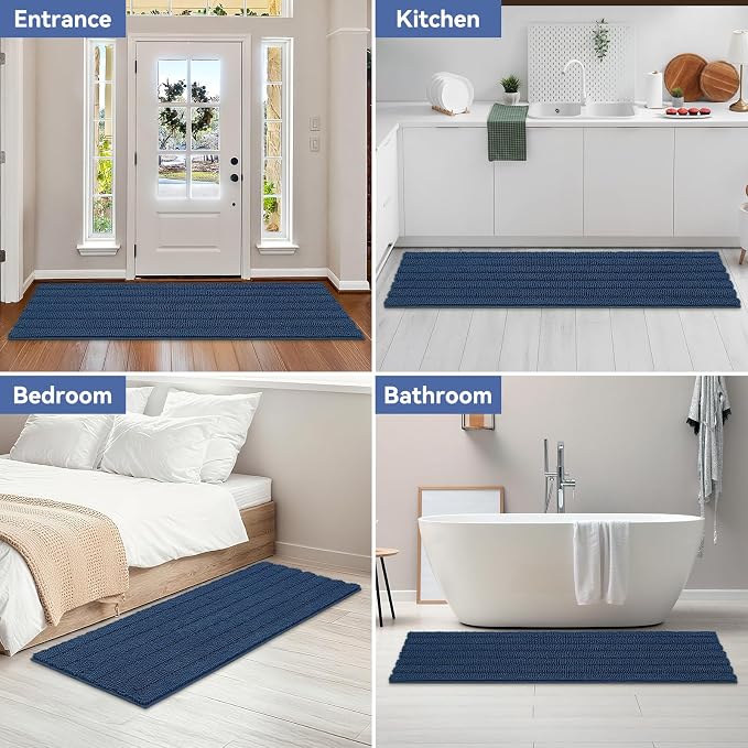 Bcoimo Long Bathroom Rug, Chenille Bath Runner with High Low Pile Design, Soft Absorbent Non Slip Bath Mat, Machine Washable Quick Dry Rug for Shower, Tub, Sink and Vanity