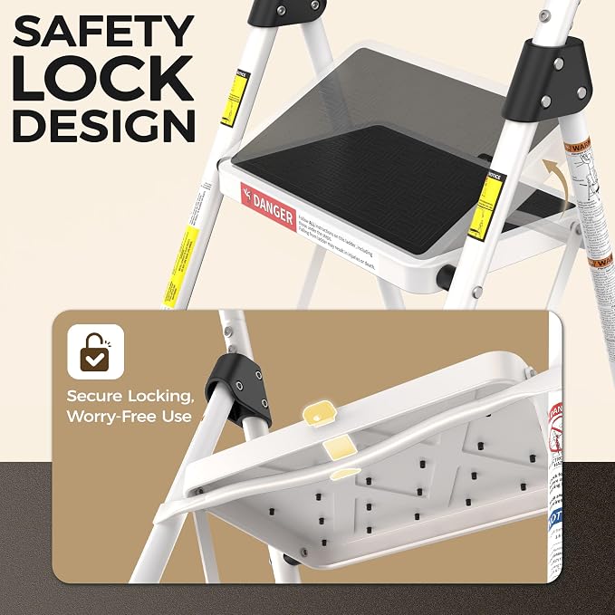 HBTower 3 Step Ladder, Heavy Duty Step Stool with Anti-Slip Pedal and Feet, Folding Step Stool for Adults, Comfortable Handrail, Portable Ladder for Home Kitchen Garage Outdoor, 330 Lbs, White