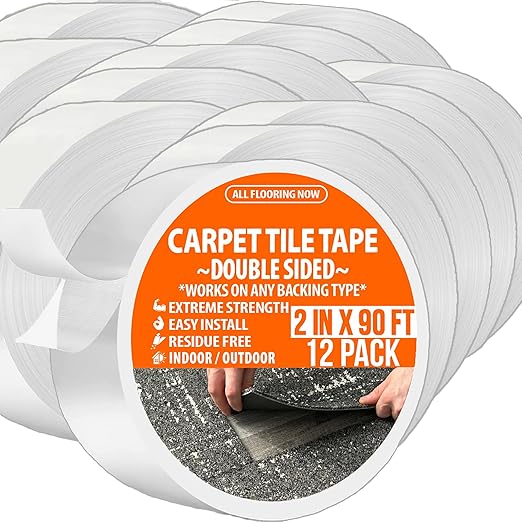 Carpet Tile Tape Double Sided 2in x 90ft (Bulk 12 Pack) Heavy Duty Reinforced Web Mesh Residue Free Indoor Outdoor for Carpet Tiles, Hardwood, Vinyl, Rugs, Carpet, Rubber, Mat Gripper
