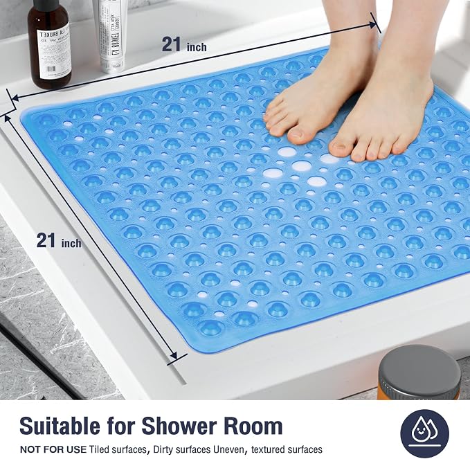 Square Shower Bathtub Mat Non Slip for Inside Shower Clear Blue 21x21 Inch, Shower Stall Mats for Bathroom Floor, Soft Bath Mat for Tub with Big Suction Cups Drain Holes, Easy Washable Dry
