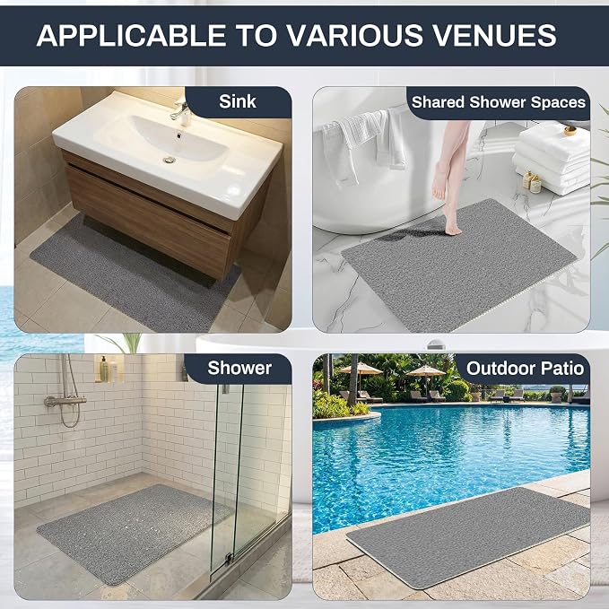 BLESWIN PVC Loofah Shower Mat 24"x16", Soft Textured Non Slip Bath Mats for Inside Shower, Shower Mats with Drain, Washable, Quick Drying Bath Mats for Bathroom Wet Areas, Grey