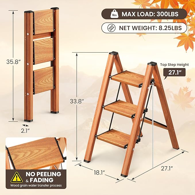 3 Step Ladder, Folding Step Stool with Anti-Slip Wide Pedal, Aluminum Material Lightweight Yet Sturdy, 300 Lbs Load, Cute Modern Apperance for Indoor Household Spaces