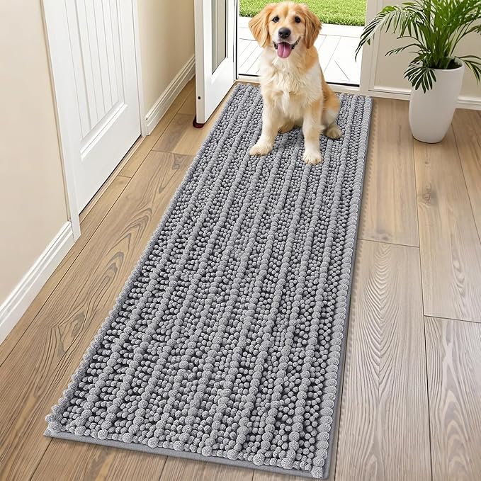 Smiry Dog Door Mat for Muddy Paws 70x24, Absorbent Dirt Trapper, Non-Slip Washable Chenille Entryway Rug for Inside Floor, Grey, Layered Pattern