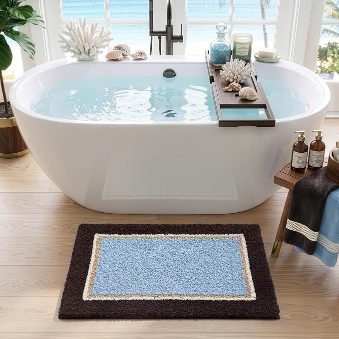 DEXI Bathroom Rugs 32x20, Absorbent Extra Soft Plush Microfiber Bath Mat for Bathroom, Non Slip Washable Bathmat Quick Dry for Shower Floor, Sink, Tub, Laundry Room, Brown and Light Blue