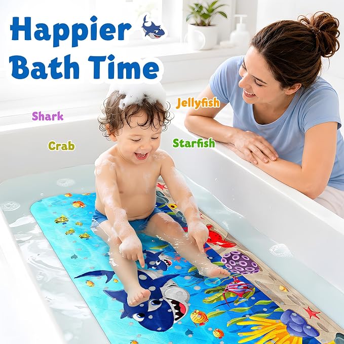 XIYUNTE Baby Bath Mat for Tub Non Slip Kids Bath Mat - 40''x16'' Extra Long Cartoon Bathtub Mat Non Slip Kids Shower Mat Eco-Friendly Toddler Bath Mats with Suction Cups, Machine Washable, Shark