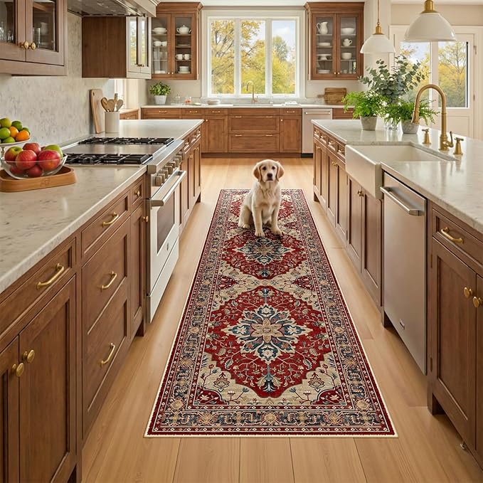 RELEANY Area Rugs Runner 2'6"x8' Washable Non-Slip, Floral Vintage Distress Medallion Carpet for Kitchen Hallway Bedroom Beside Laundry Room Bathroom, Red Blue