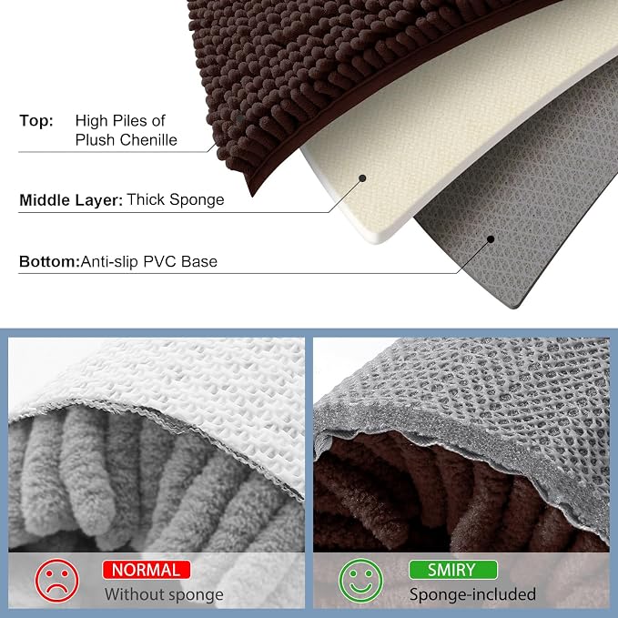 Smiry Bathroom Rugs Sets 2 Piece, Soft Absorbent Chenille Machine Washable Non Slip Shaggy Bath Rug Set for Tub, Shower, and Floor (30x20+24x16, Brown)