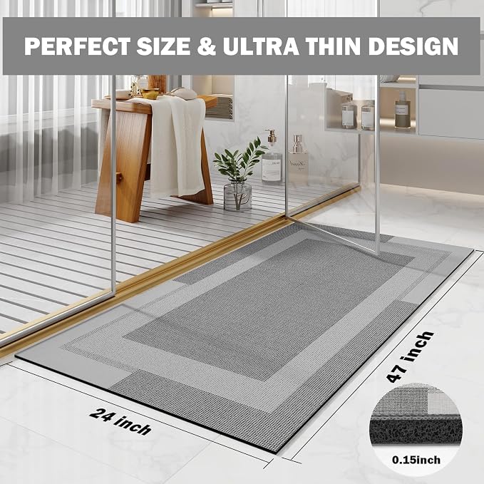 YDKGL Non Slip Long Bath Mat Bathroom Runner, Rubber Backing Ultra Thin Bathroom Rugs Fit Under Door Quick Dry Super Absorbent Washable Bath Rug Shower Mat for Bathtub Sink Floor, Grey 24"x48"