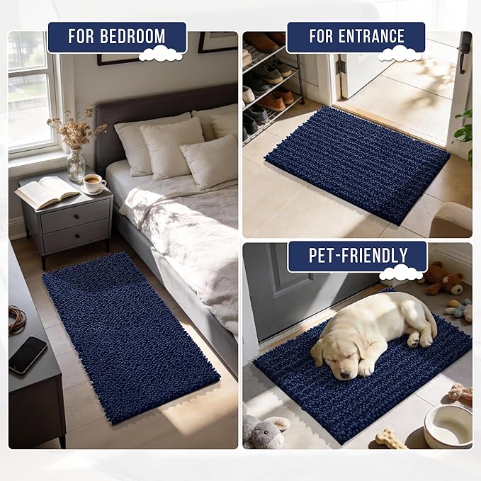 Yimobra Bathroom Rugs Non Slip Washable - Ultra Soft Absorbent Chenille Bath Mat, Quick Dry Shaggy Floor Carpet for Tub Shower, Navy Blue Home Decor Accessories, 24x17 Inch